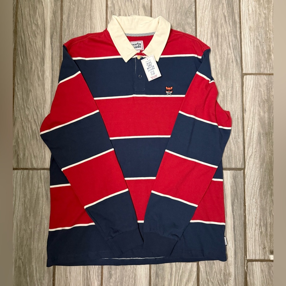 Party Pants USA Men's Long Sleeve Rugby Polo Navy Blue/Red Size Large